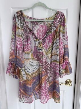 Y2K Whimsical Spring Boho Embellished Pink Multi-Print V-Neck flowy Tunic Top